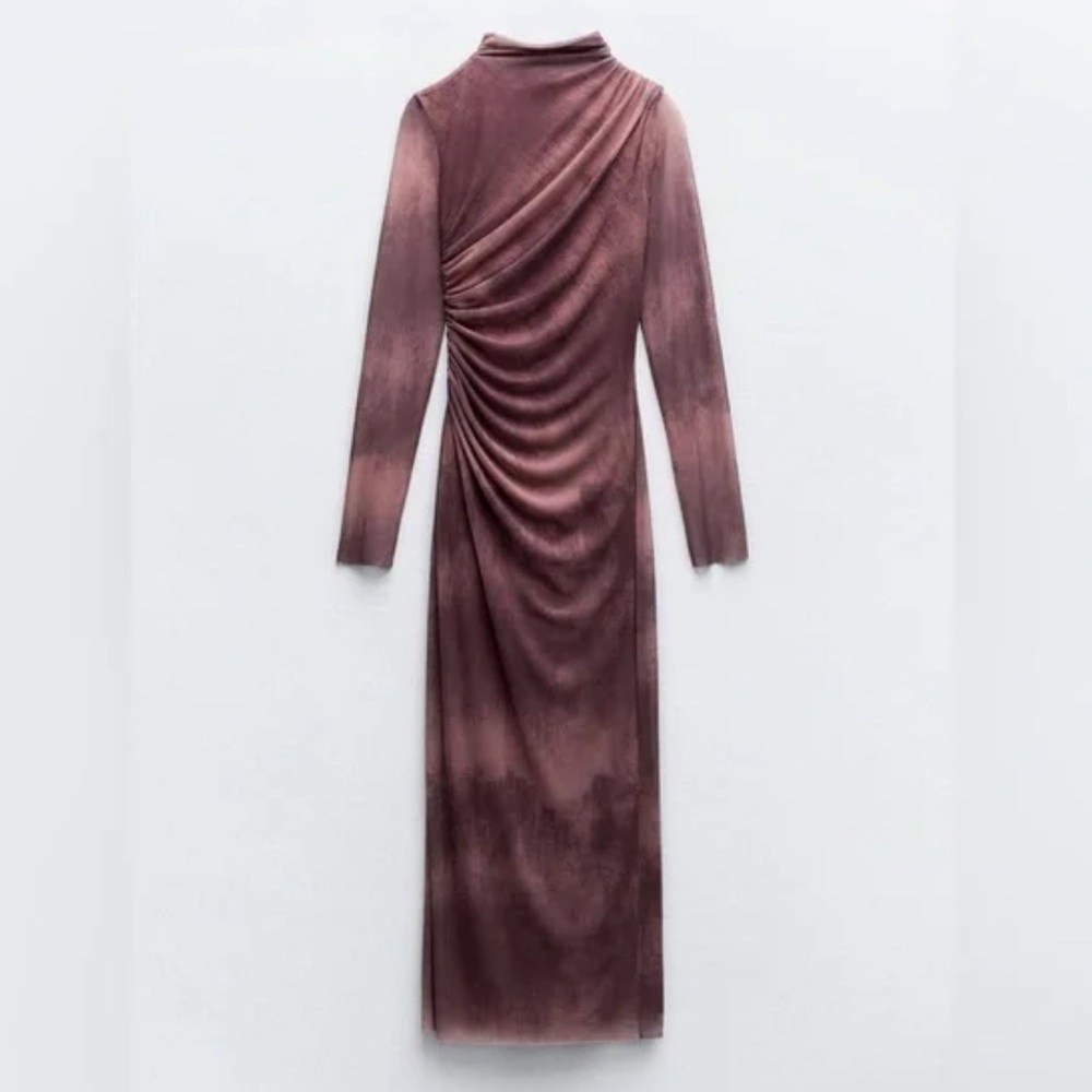 Zara Dresses | Midi long Sleeve Tulle Ruched Dress with sheer sleeves in Mauve